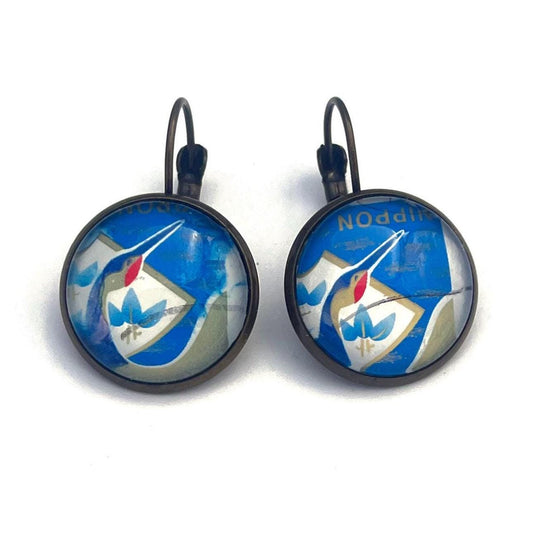 2019 Blue Crane - Japan Stamp - Postage stamp jewelry - Vintage Postage Stamp Earrings - French clip earrings in antique bronze finish
