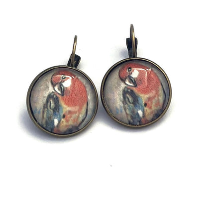 1999 Scarlet Macaw - Romania Stamp - Postage stamp jewelry - Vintage Postage Stamp Earrings - French clip earrings in antique bronze finish