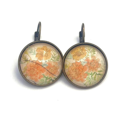 2022 Marigold - Japan Stamp - Postage stamp jewelry - Vintage Postage Stamp Earrings - French clip earrings in antique bronze finish