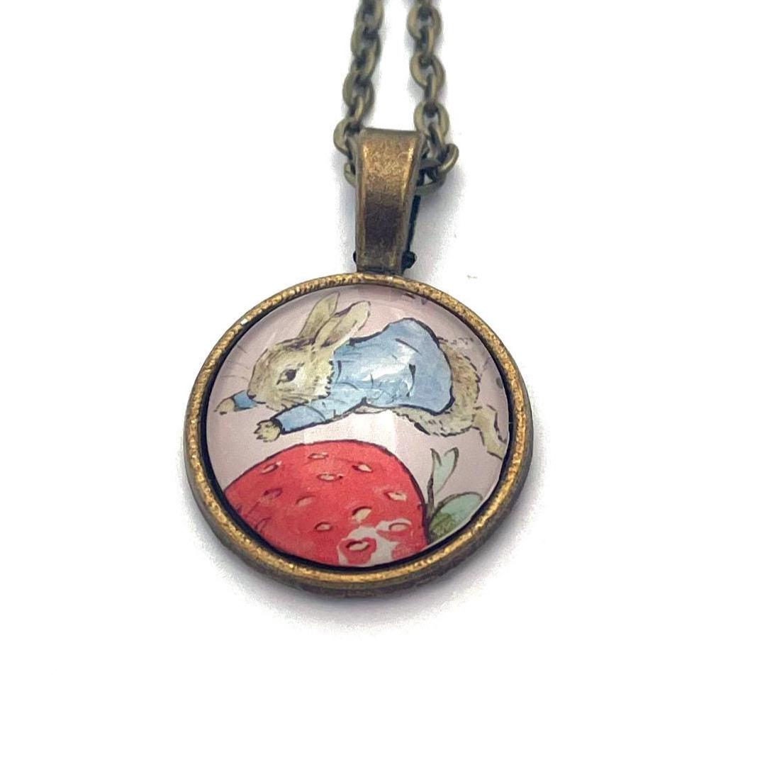 2021 Peter Rabbit & Strawberry - Japan Stamp - Postage Stamp Jewelry - Vintage Postage Stamp Necklace - Antique Bronze