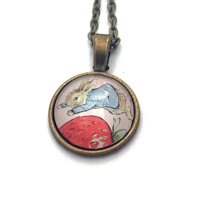 2021 Peter Rabbit & Strawberry - Japan Stamp - Postage Stamp Jewelry - Vintage Postage Stamp Necklace - Antique Bronze