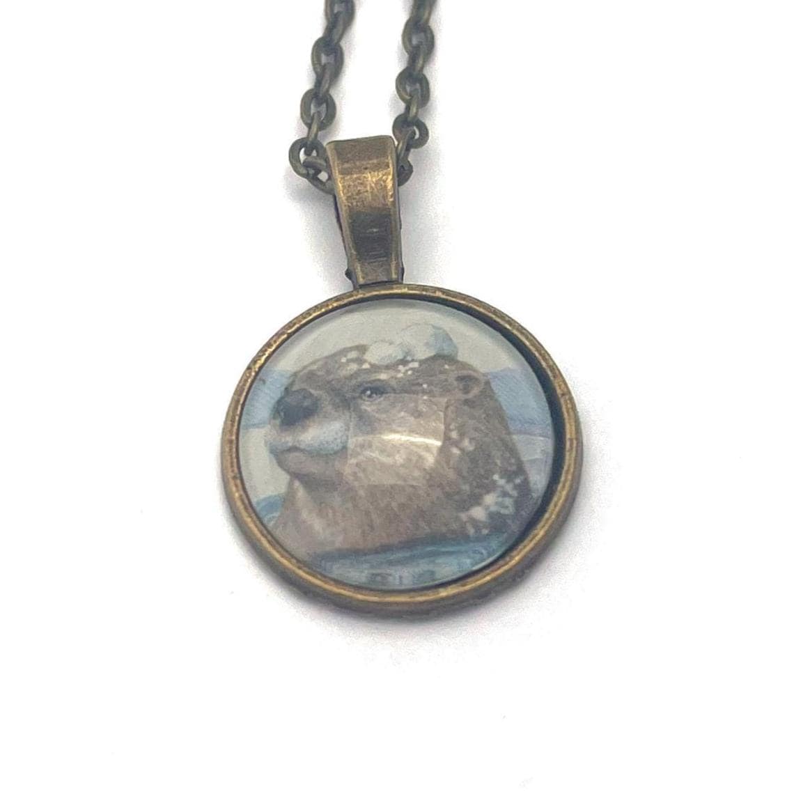 2021 Playful Otters in the Snow - Postage Stamp Jewelry - Vintage Postage Stamp Necklace - Antique Bronze Finish