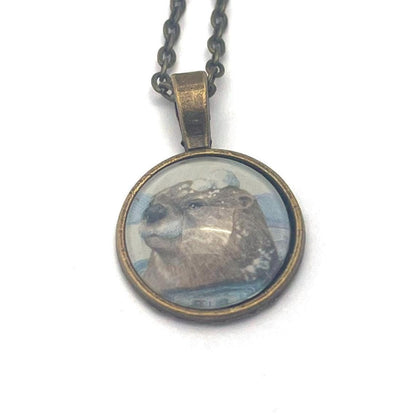2021 Playful Otters in the Snow - Postage Stamp Jewelry - Vintage Postage Stamp Necklace - Antique Bronze Finish