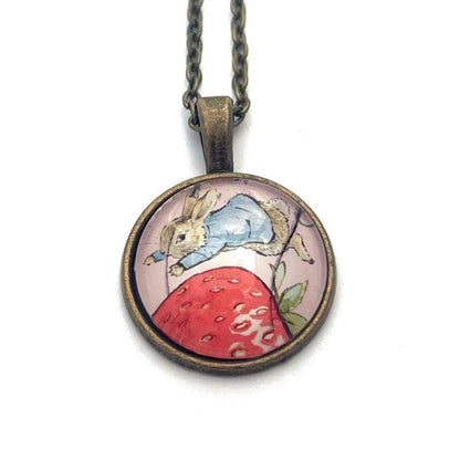 2021 Peter Rabbit & Strawberry - Japan Stamp - Postage Stamp Jewelry - Vintage Postage Stamp Necklace - Antique Bronze