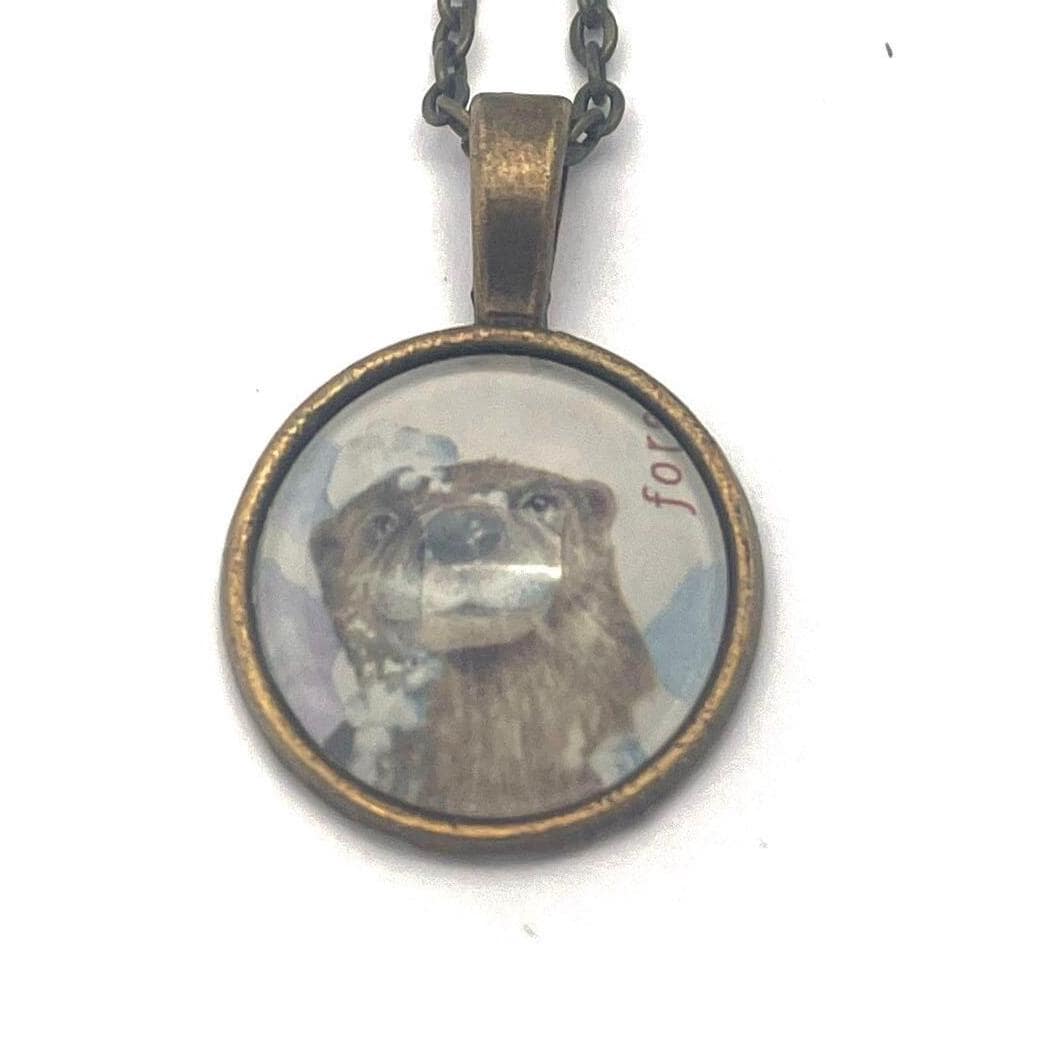 2021 Playful Otters in the Snow - Postage Stamp Jewelry - Vintage Postage Stamp Necklace - Antique Bronze Finish