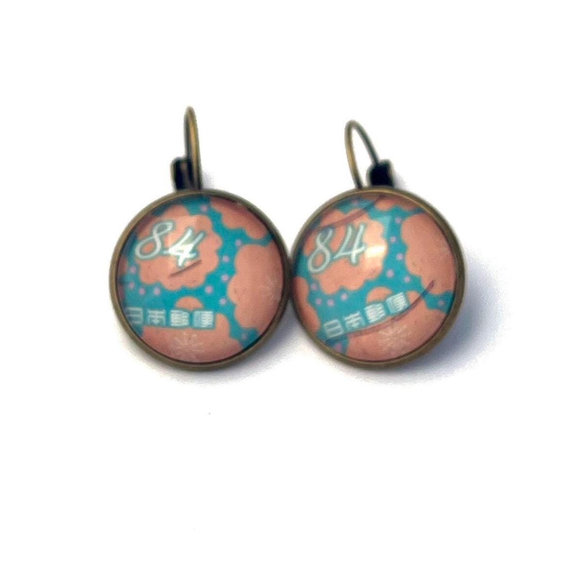 2022 Flowers - Japan Stamp - Postage Stamp Jewelry - Vintage Postage Stamp Earrings - French clip earrings in antique bronze finish
