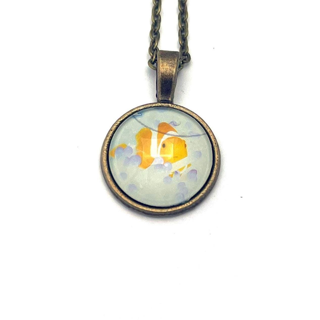 2022 Clownfish - Japan Stamp - Postage Stamp Jewelry - Vintage Postage Stamp Necklace - Antique Bronze Finish