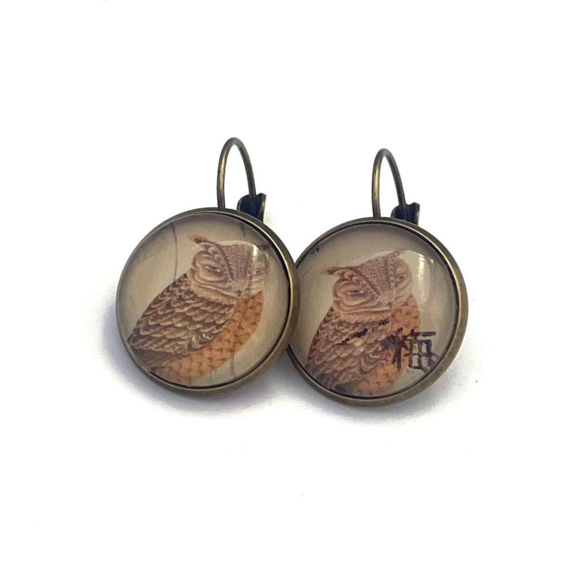 2022 Owl - Japan Stamp - Postage stamp jewelry - Vintage Postage Stamp Earrings - French clip earrings in antique bronze finish