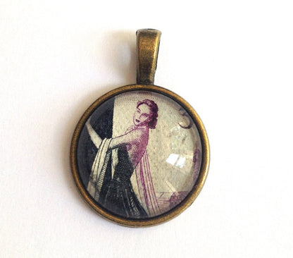 1953 Christian Dior French Haute Couture Stamp -Postage Stamp Jewelry - Vintage Postage Stamp Necklace - Antique Bronze - 20 mm pendant