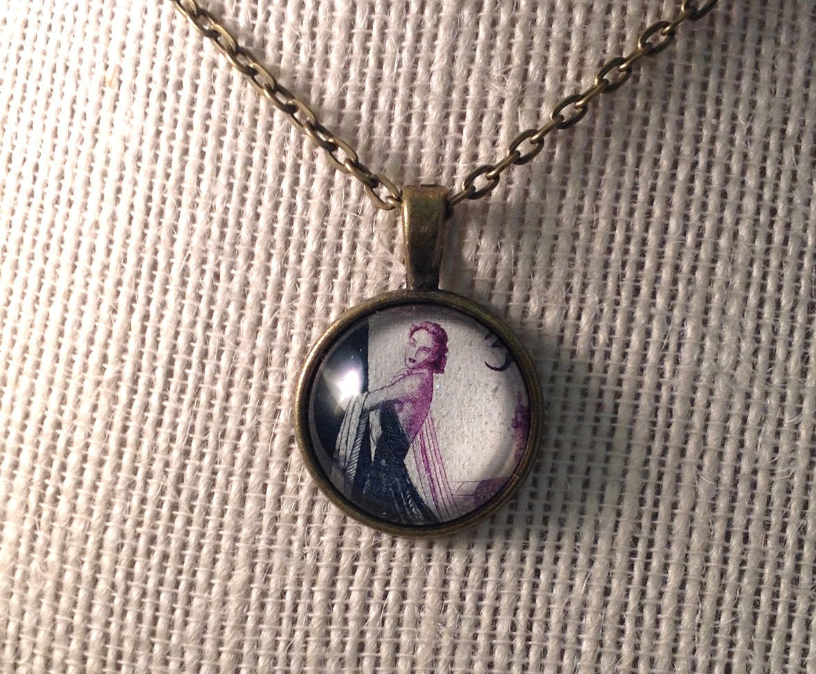 1953 Christian Dior French Haute Couture Stamp -Postage Stamp Jewelry - Vintage Postage Stamp Necklace - Antique Bronze - 20 mm pendant
