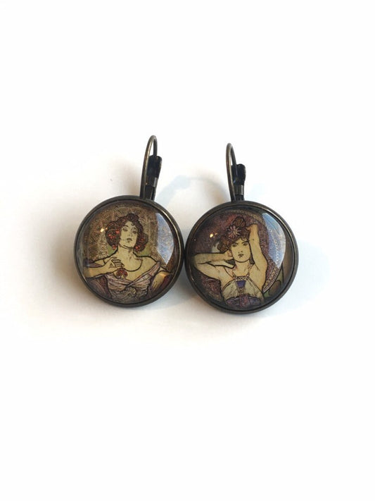 1969 Alfonse Mucha Ruby and Amethyst Czechoslovakia Stamp - Postage Stamp Earrings