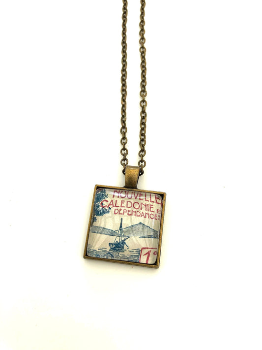 1928 New Caledonia Sailboat Stamp - Postage Stamp Necklace