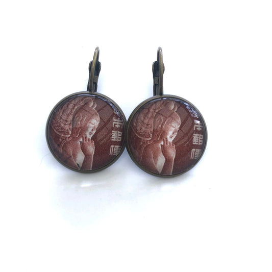 1967 Japanese Goddess Kannon - Postage Stamp Earrings