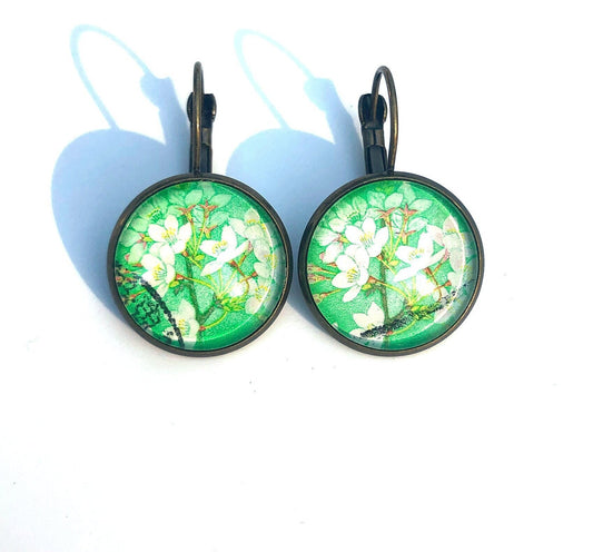 1980 Japan - Green Flower Stamp - Postage Stamp Earrings