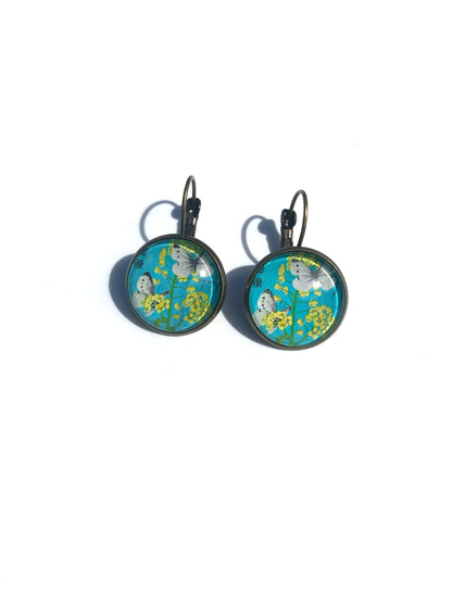 1980 Japan - Blue Flower & Butterfly Stamp - Postage Stamp Earrings