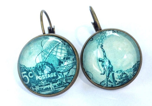 1964 World's Fair USA Stamp - Queens, NY - Postage Stamp Earrings