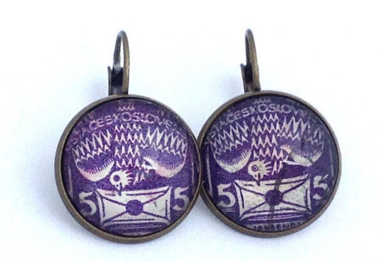 1920s Purple Dove Stamp - Carrier Pigeon -Czechoslovakian Stamp - Postage Stamp Earrings