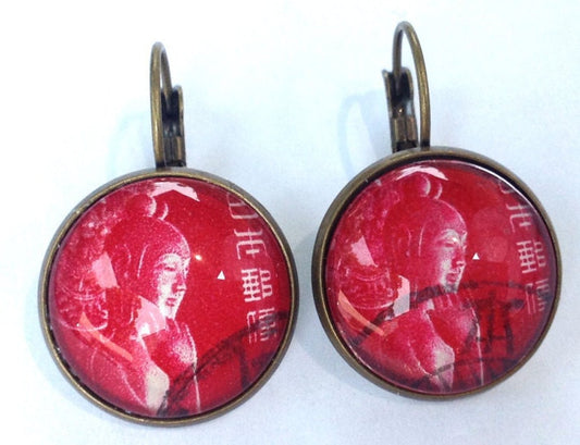 1967 Japanese Goddess Kannon - Postage Stamp Earrings