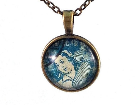 1948 Girl With Paper Lanterns - Japanese Stamp - Postage Stamp Necklace